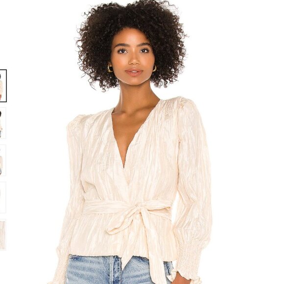 NWT NBD Chiara Top Womens Small Champagne Long Puffed Sleeve Tafetta Wrap Tie - Picture 3 of 16